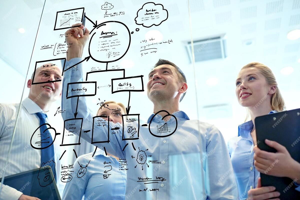 A group of people looking at a see-through whiteboard with a diagram drawn on it.